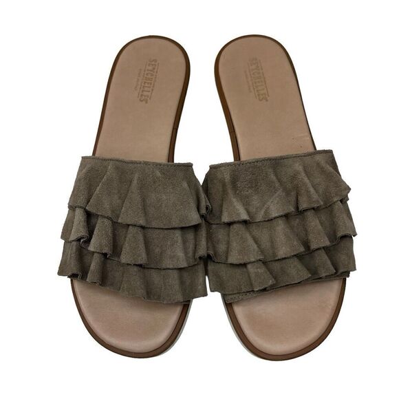 Seychelles Axis Taupe Suede Ruffle Slides Sandals Size 7.5 - Picture 2 of 9